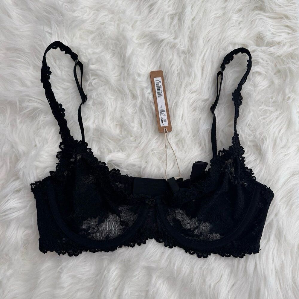 Skims Stretch Lace Unlined Scoop Bra Soot Size 34C